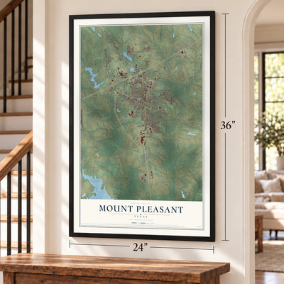 Mount Pleasant, Texas map, 24 x 36 inch print in a black frame by a staircase