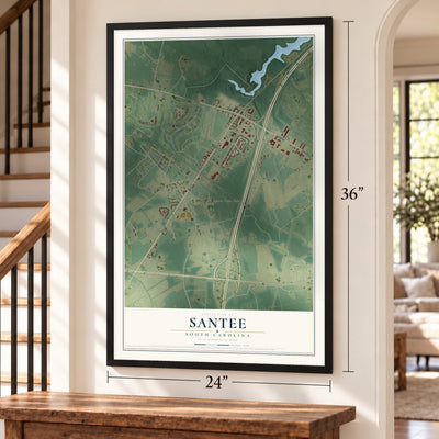 Santee, South Carolina map, 24 x 36 inch print in a black frame by a staircase