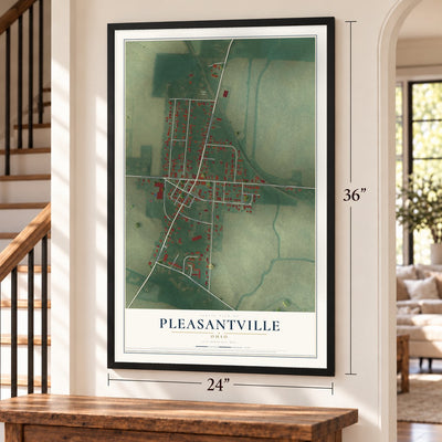 Pleasantville, Ohio map, 24 x 36 inch print in a black frame by a staircase