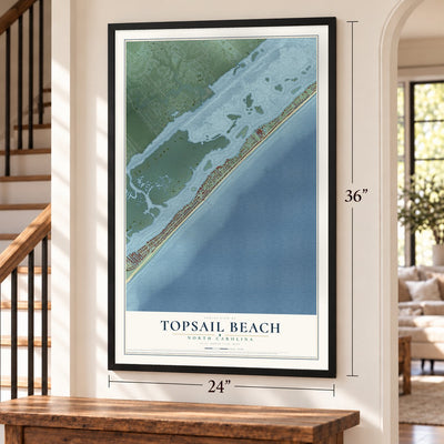 Topsail Beach, North Carolina map, 24 x 36 inch print in a black frame by a staircase