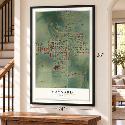 Maynard, Iowa map, 24 x 36 inch print in a black frame by a staircase