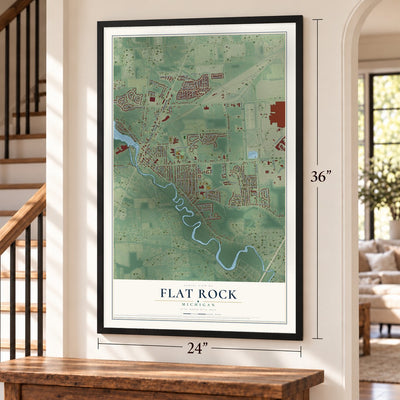 Flat Rock, Michigan map, 24 x 36 inch print in a black frame by a staircase
