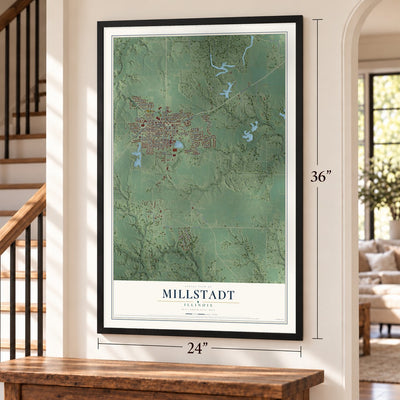 Millstadt, Illinois map, 24 x 36 inch print in a black frame by a staircase