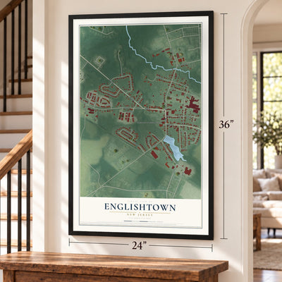 Englishtown, New Jersey map, 24 x 36 inch print in a black frame by a staircase