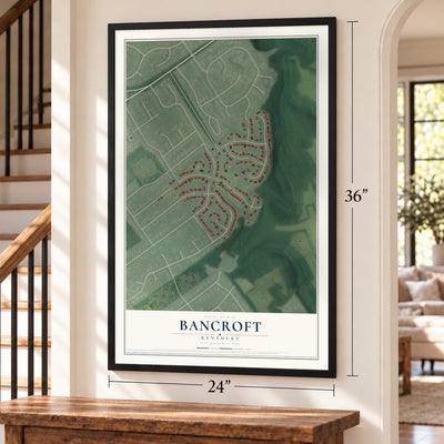 Bancroft, Kentucky map, 24 x 36 inch print in a black frame by a staircase