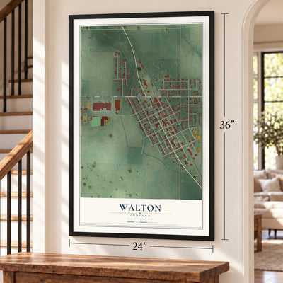 Walton, Indiana map, 24 x 36 inch print in a black frame by a staircase