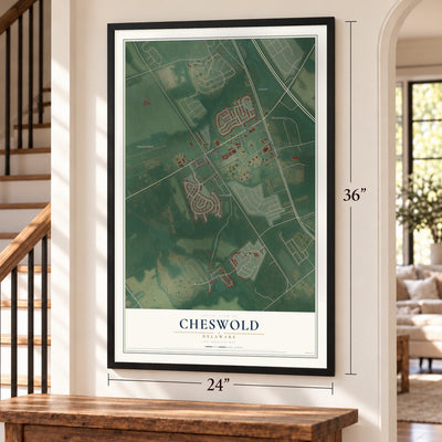 Cheswold, Delaware map, 24 x 36 inch print in a black frame by a staircase