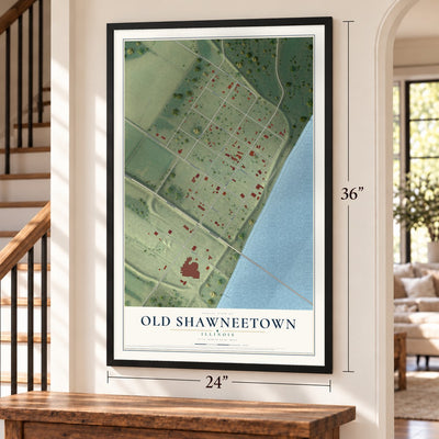 Old Shawneetown, Illinois map, 24 x 36 inch print in a black frame by a staircase