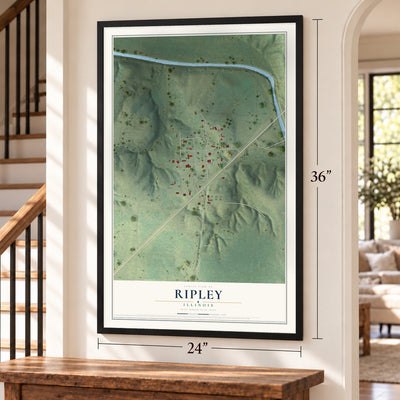 Ripley, Illinois map, 24 x 36 inch print in a black frame by a staircase