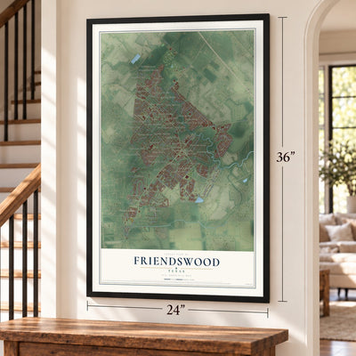 Friendswood, Texas map, 24 x 36 inch print in a black frame by a staircase