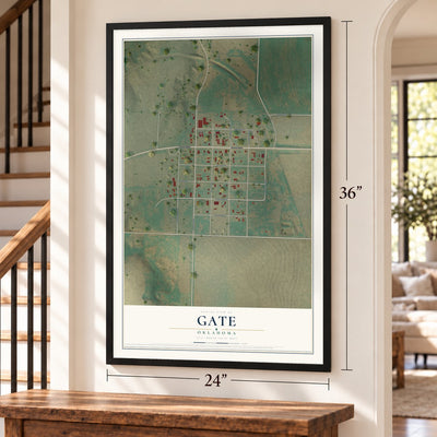 Gate, Oklahoma map, 24 x 36 inch print in a black frame by a staircase