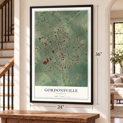 Gordonsville, Virginia map, 24 x 36 inch print in a black frame by a staircase