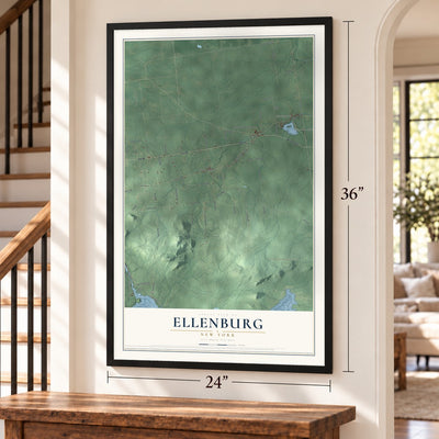 Ellenburg, New York map, 24 x 36 inch print in a black frame by a staircase