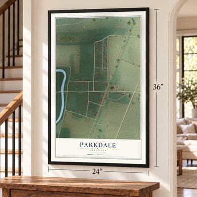 Parkdale, Arkansas map, 24 x 36 inch print in a black frame by a staircase