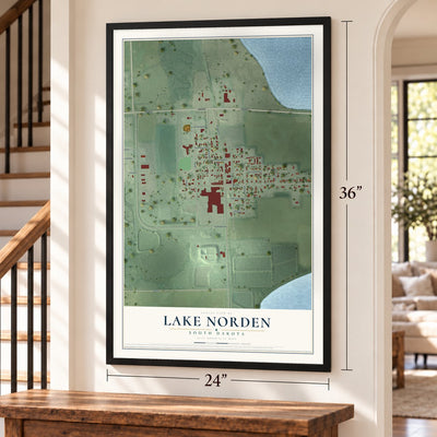 Lake Norden, South Dakota map, 24 x 36 inch print in a black frame by a staircase