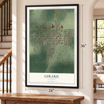 Girard, Illinois map, 24 x 36 inch print in a black frame by a staircase