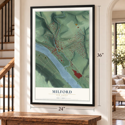 Milford, New Jersey map, 24 x 36 inch print in a black frame by a staircase