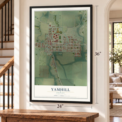 Yamhill, Oregon map, 24 x 36 inch print in a black frame by a staircase