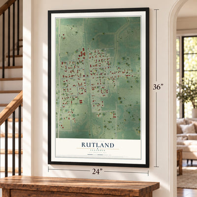 Rutland, Illinois map, 24 x 36 inch print in a black frame by a staircase
