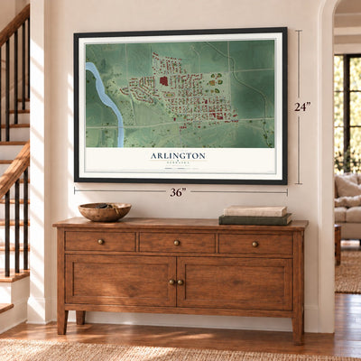 Arlington, Nebraska map, 24 x 36 inch print in a black frame above a dresser by a staircase
