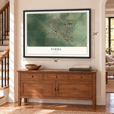 Parma, Idaho map, 24 x 36 inch print in a black frame above a dresser by a staircase