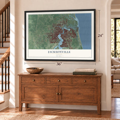 Jacksonville, Florida map, 24 x 36 inch print in a black frame above a dresser by a staircase