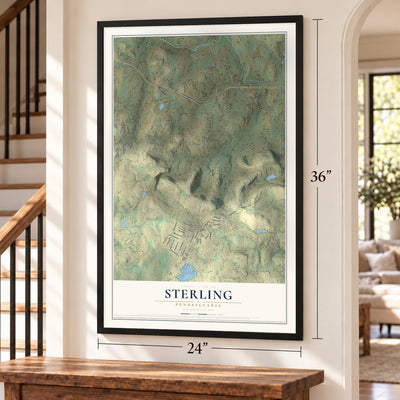 Sterling, Pennsylvania map, 24 x 36 inch print in a black frame by a staircase
