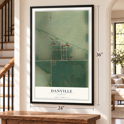 Danville, Kansas map, 24 x 36 inch print in a black frame by a staircase