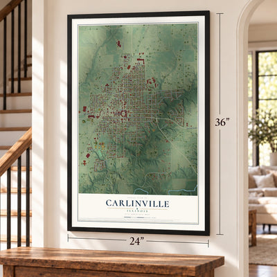 Carlinville, Illinois map, 24 x 36 inch print in a black frame by a staircase