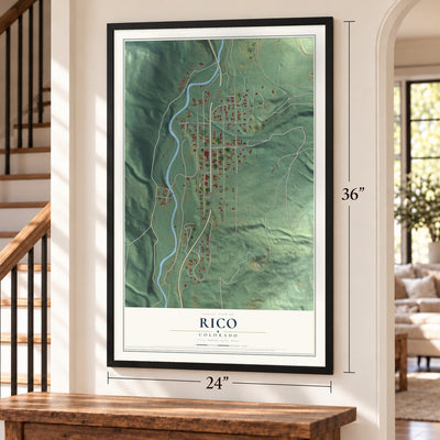 Rico, Colorado map, 24 x 36 inch print in a black frame by a staircase