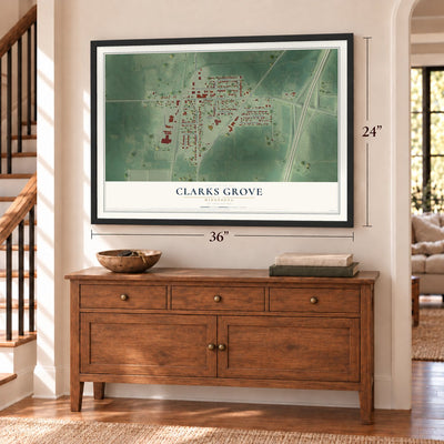 Clarks Grove, Minnesota map, 24 x 36 inch print in a black frame above a dresser by a staircase
