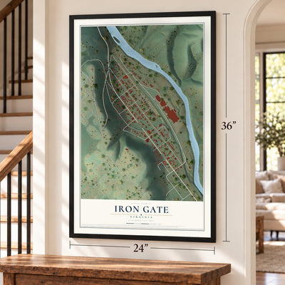 Iron Gate, Virginia map, 24 x 36 inch print in a black frame by a staircase