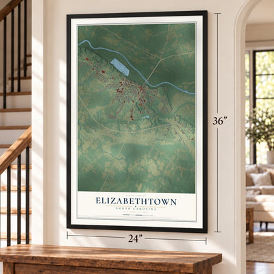 Elizabethtown, North Carolina map, 24 x 36 inch print in a black frame by a staircase
