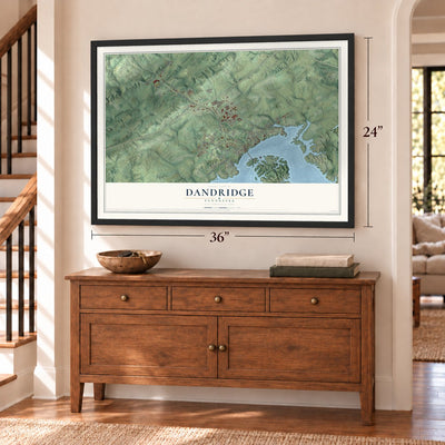 Dandridge, Tennessee map, 24 x 36 inch print in a black frame above a dresser by a staircase