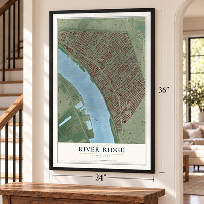 River Ridge, Louisiana map, 24 x 36 inch print in a black frame by a staircase