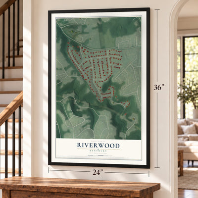 Riverwood, Kentucky map, 24 x 36 inch print in a black frame by a staircase