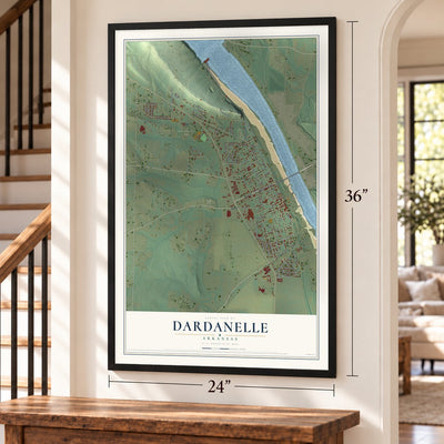 Dardanelle, Arkansas map, 24 x 36 inch print in a black frame by a staircase