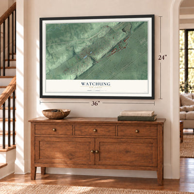 Watchung, New Jersey map, 24 x 36 inch print in a black frame above a dresser by a staircase