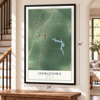 Georgetown, Louisiana map, 24 x 36 inch print in a black frame by a staircase