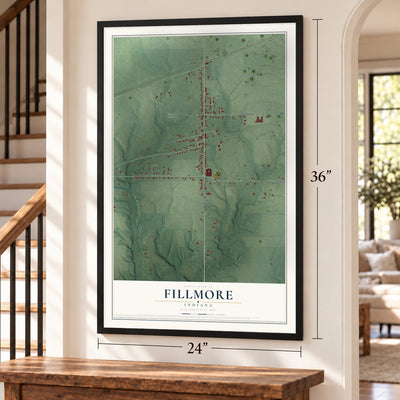 Fillmore, Indiana map, 24 x 36 inch print in a black frame by a staircase