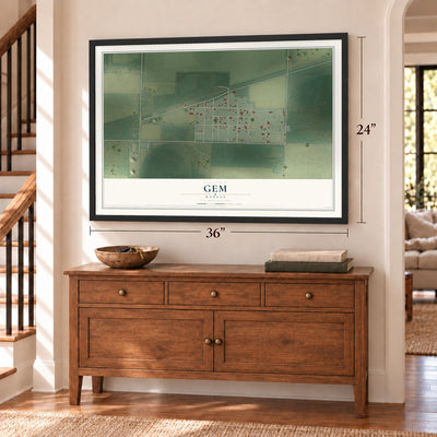 Gem, Kansas map, 24 x 36 inch print in a black frame above a dresser by a staircase