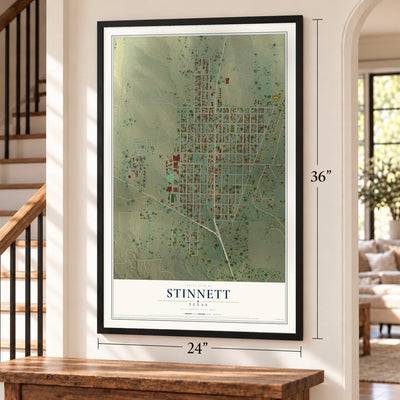 Stinnett, Texas map, 24 x 36 inch print in a black frame by a staircase