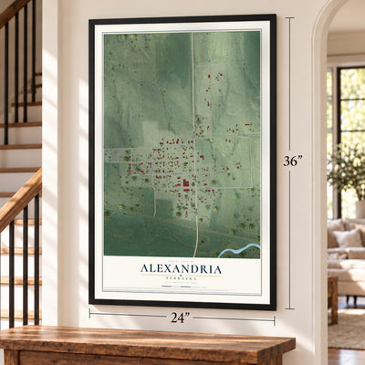Alexandria, Nebraska map, 24 x 36 inch print in a black frame by a staircase