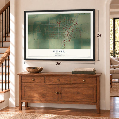Weiner, Arkansas map, 24 x 36 inch print in a black frame above a dresser by a staircase