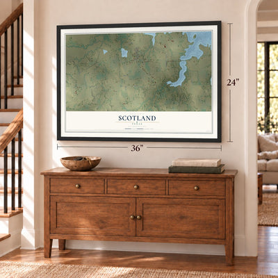 Scotland, Texas map, 24 x 36 inch print in a black frame above a dresser by a staircase