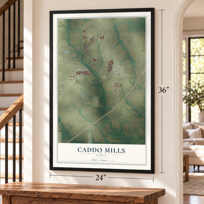 Caddo Mills, Texas map, 24 x 36 inch print in a black frame by a staircase