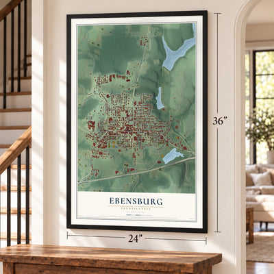 Ebensburg, Pennsylvania map, 24 x 36 inch print in a black frame by a staircase