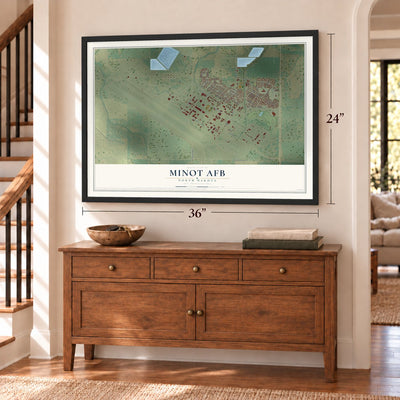 Minot AFB, North Dakota map, 24 x 36 inch print in a black frame above a dresser by a staircase