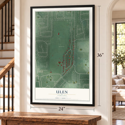 Ulen, Indiana map, 24 x 36 inch print in a black frame by a staircase