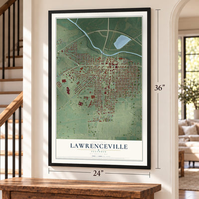 Lawrenceville, Illinois map, 24 x 36 inch print in a black frame by a staircase